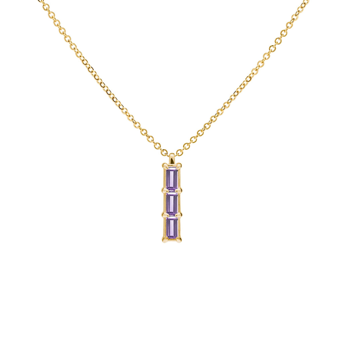 Providence Amethyst vertical bar pendant featuring 3 petite baguette stones set in 14k yellow gold - front view
