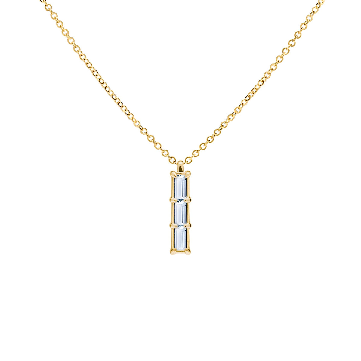 Providence Aquamarine vertical bar pendant featuring 3 petite baguette stones set in 14k yellow gold - front view
