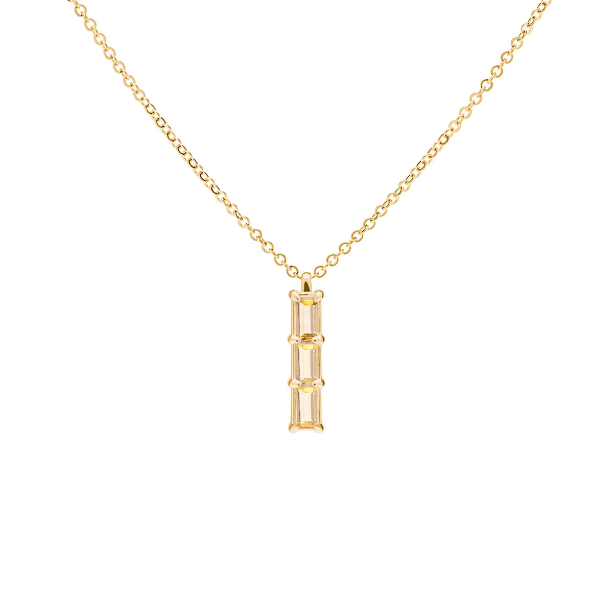 Providence Citrine vertical bar pendant featuring 3 petite baguette stones set in 14k yellow gold - front view