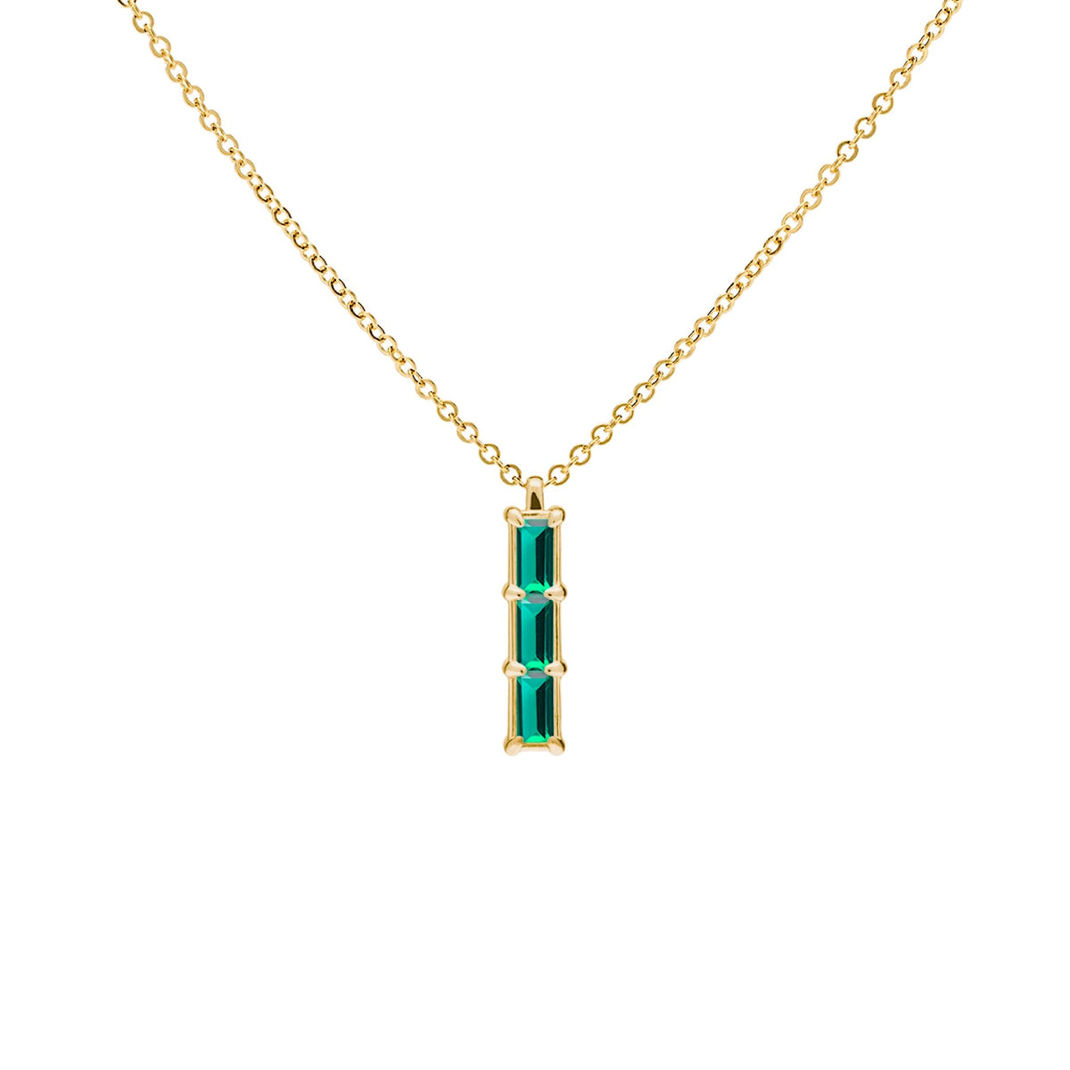 Providence Emerald vertical bar pendant featuring 3 petite baguette stones set in 14k yellow gold - front view