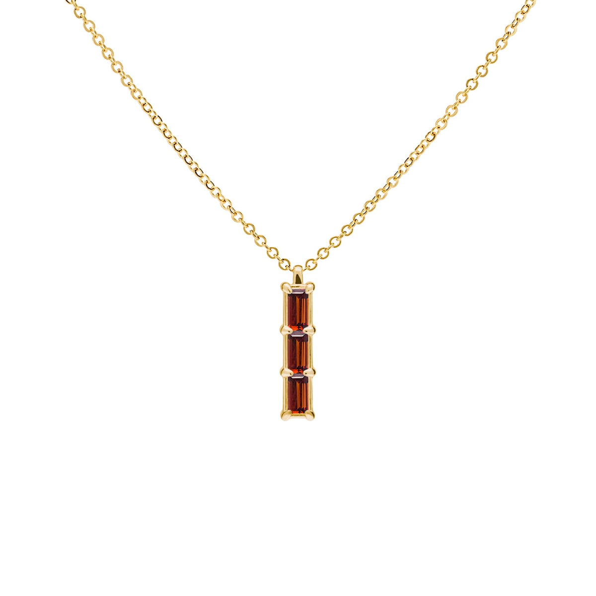 Providence 3 Garnet pendant and stud earrings set with petite baguette stones set in 14k yellow gold - front view
