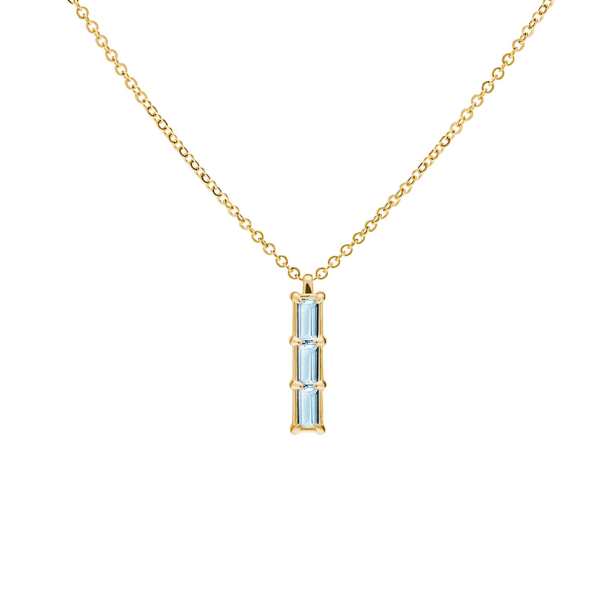 Providence Nantucket Blue Topaz vertical bar pendant featuring 3 petite baguette stones set in 14k yellow gold - front view