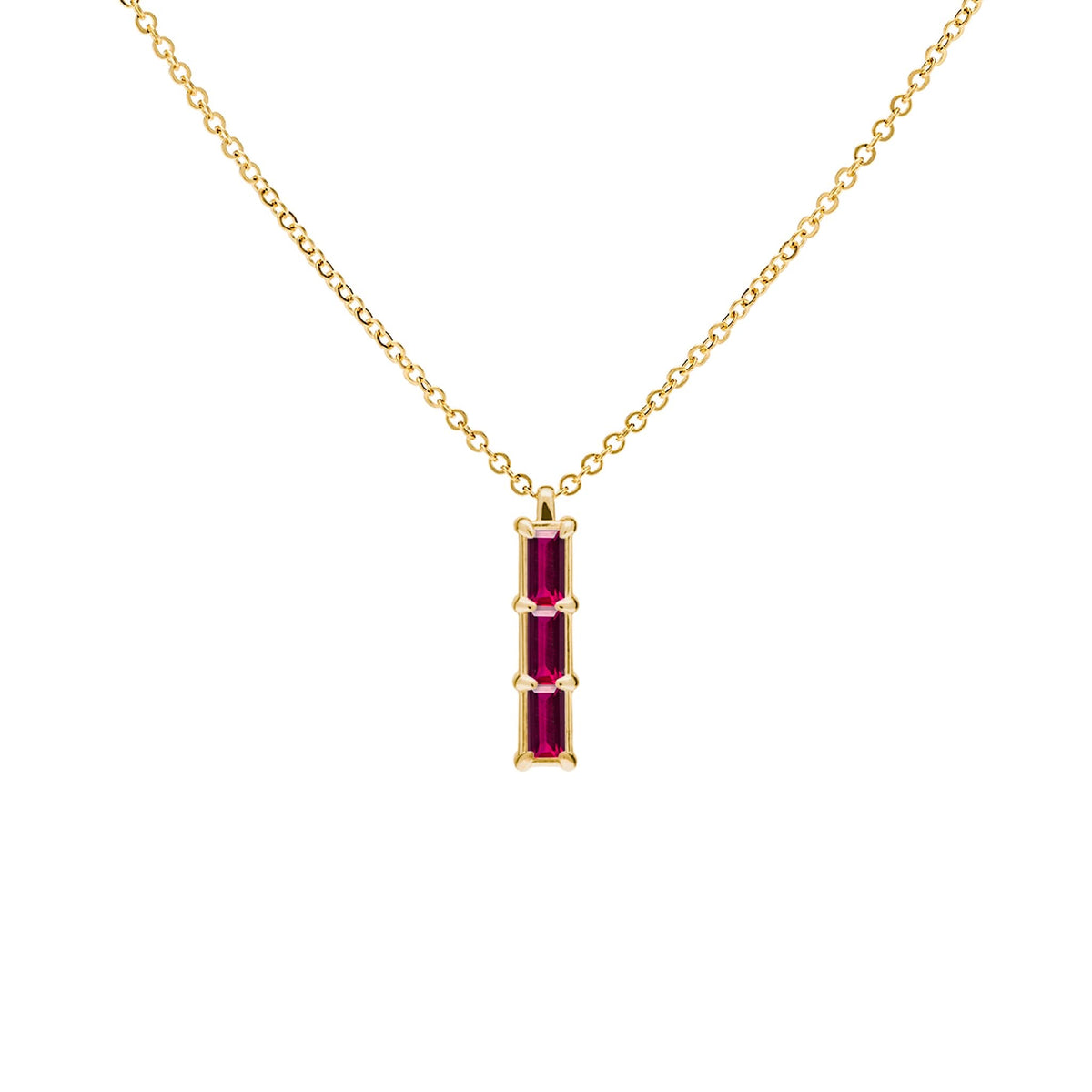 Providence Ruby vertical bar pendant featuring 3 petite baguette stones set in 14k yellow gold - front view