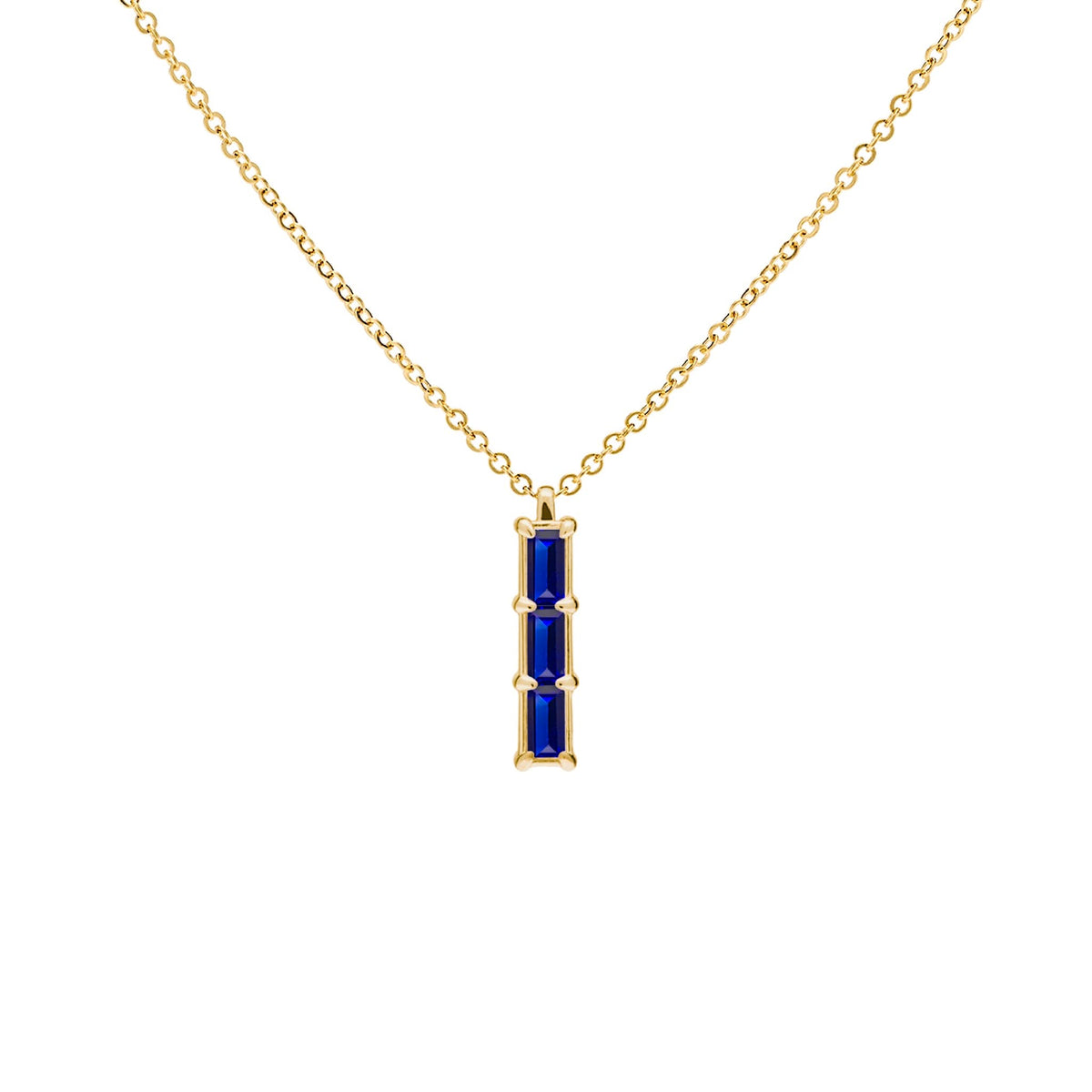 Providence Sapphire vertical bar pendant featuring 3 petite baguette stones set in 14k yellow gold - front view