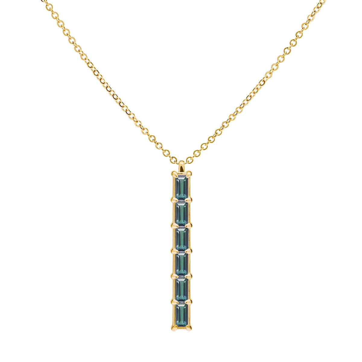 Providence vertical bar pendant featuring 6 petite Alexandrite baguette stones set in 14k yellow gold - front view