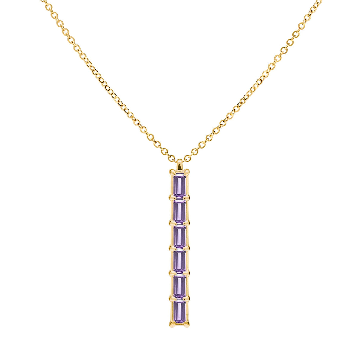 Providence vertical bar pendant featuring 6 petite Amethyst baguette stones set in 14k yellow gold - front view