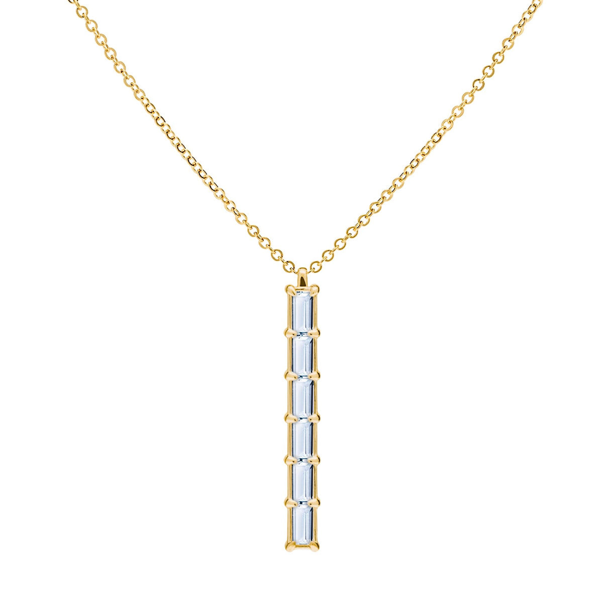 Providence vertical bar pendant featuring 6 petite Aquamarine baguette stones set in 14k yellow gold - front view
