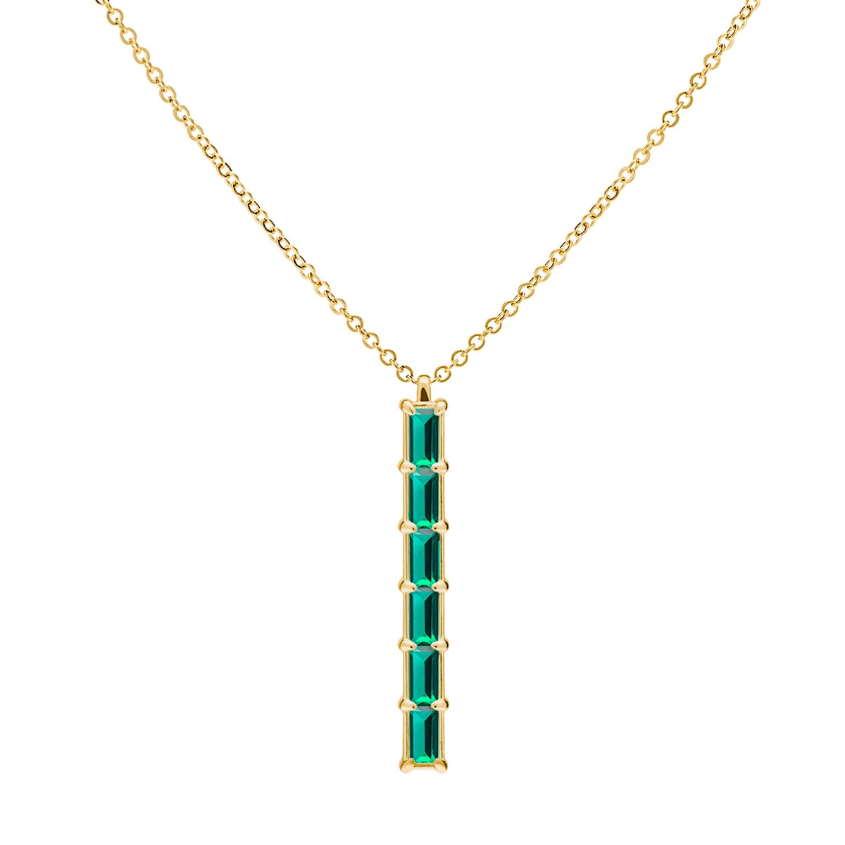 Providence vertical bar pendant featuring 6 petite Emerald baguette stones set in 14k yellow gold - front view