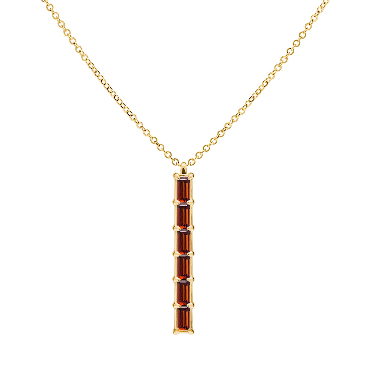 Providence vertical bar pendant featuring 6 petite Garnet baguette stones set in 14k yellow gold - front view
