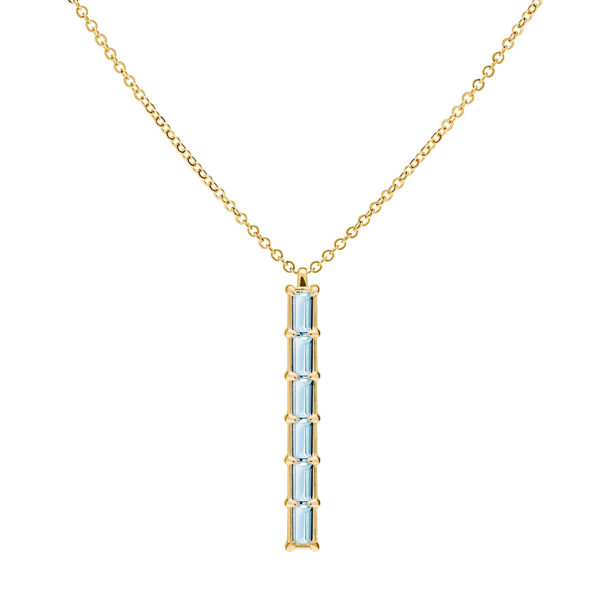 Providence vertical bar pendant featuring 6 petite Nantucket Blue Topaz baguette stones set in 14k yellow gold - front view