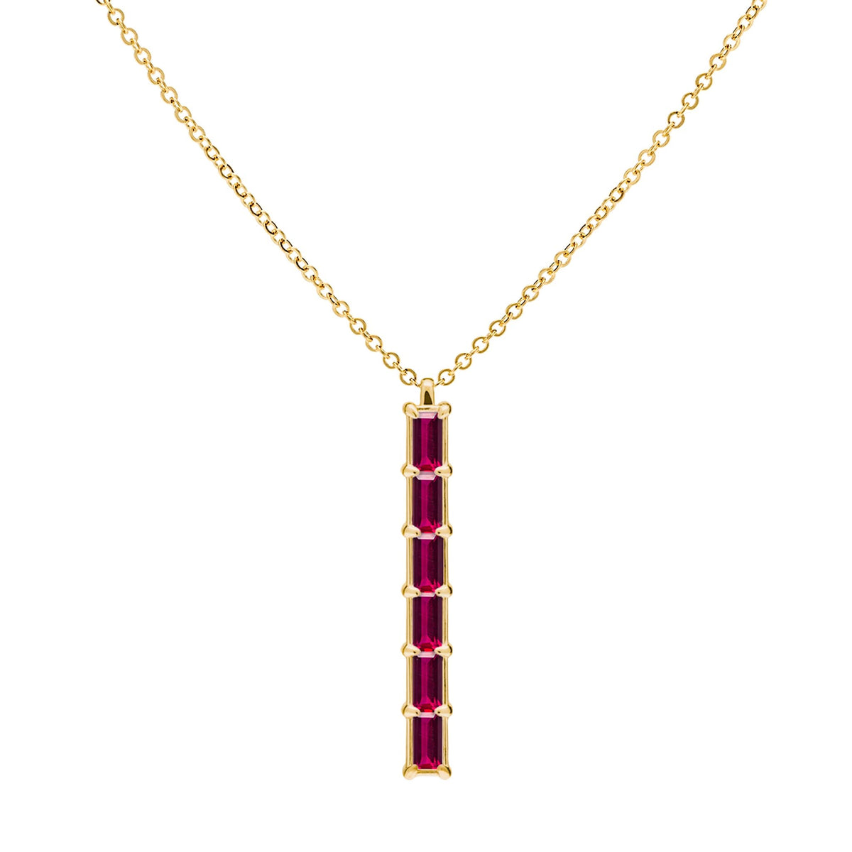 Providence vertical bar pendant featuring 6 petite Ruby baguette stones set in 14k yellow gold - front view
