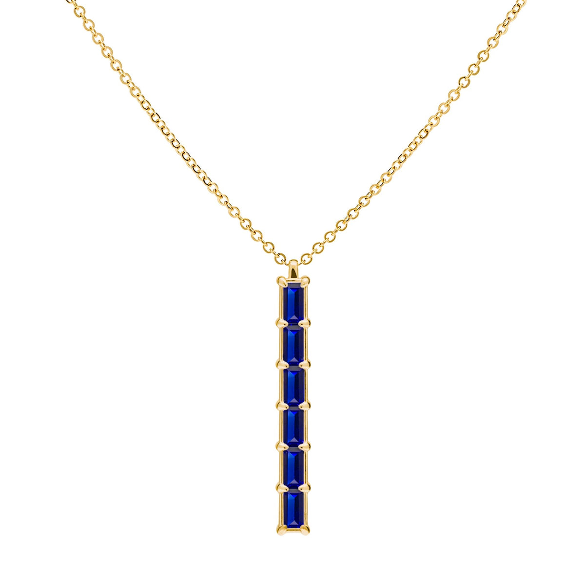 Providence vertical bar pendant featuring 6 petite Sapphire baguette stones set in 14k yellow gold - front view