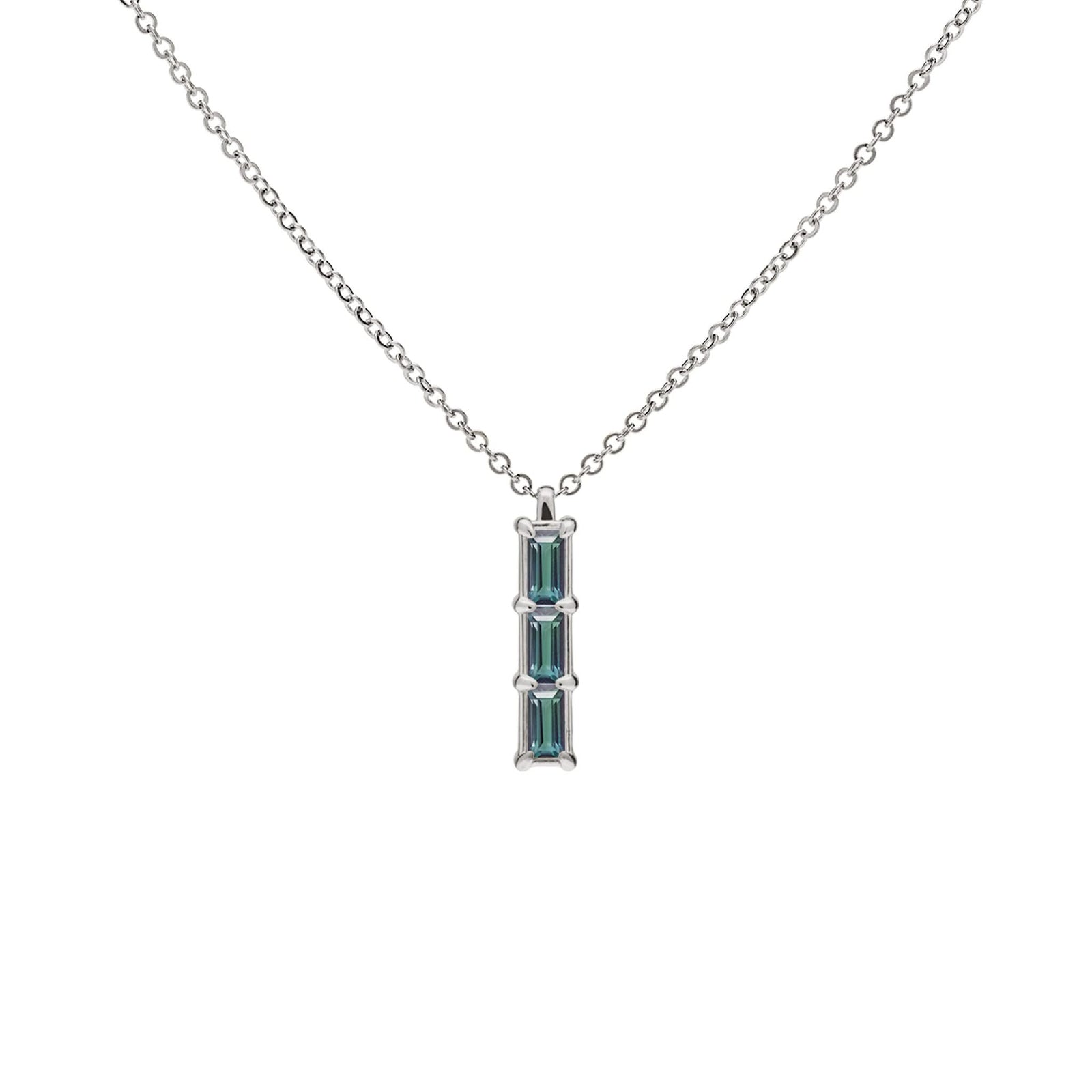 Providence Alexandrite vertical bar pendant featuring 3 petite baguette stones set in 14k white gold