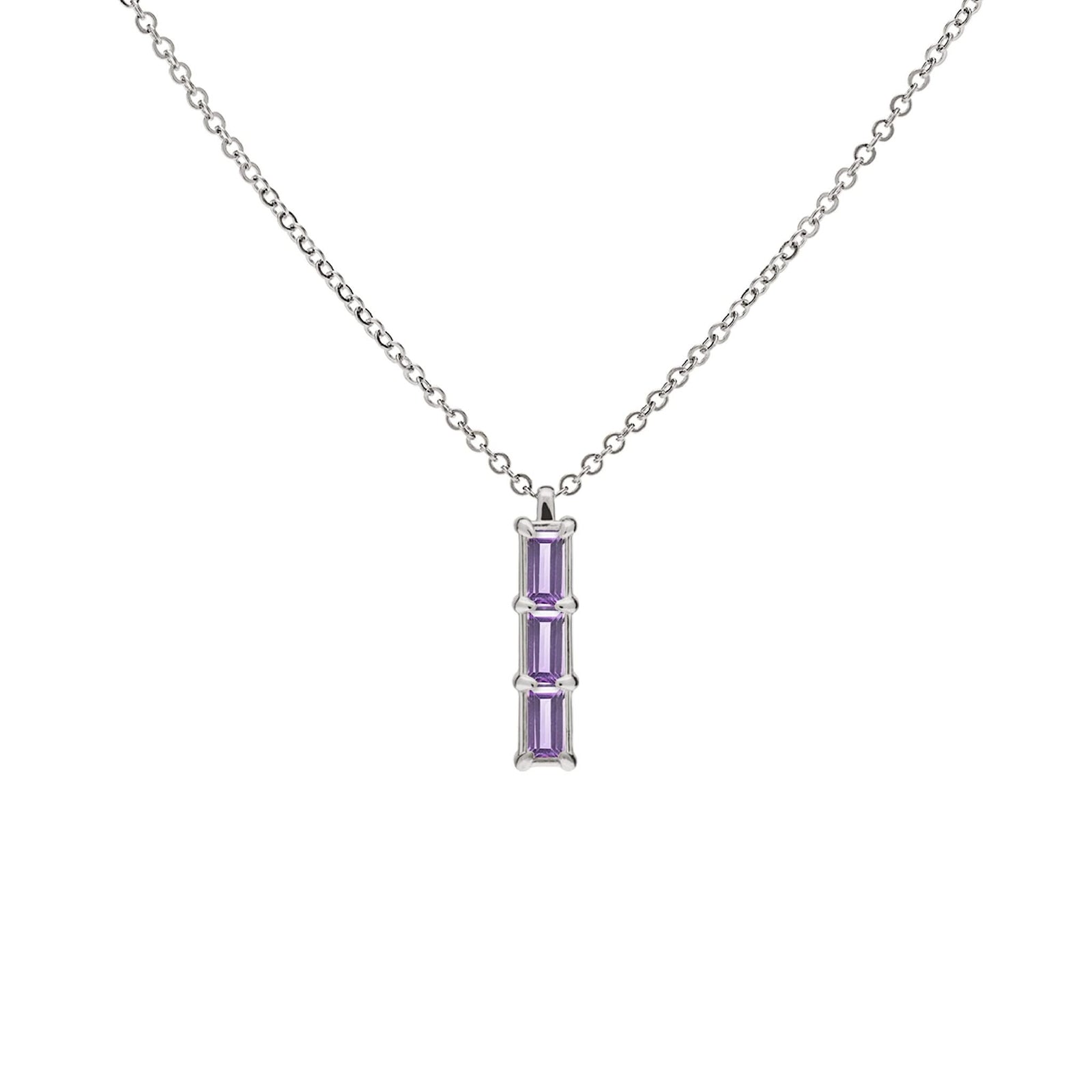Providence Amethyst vertical bar pendant featuring 3 petite baguette stones set in 14k white gold