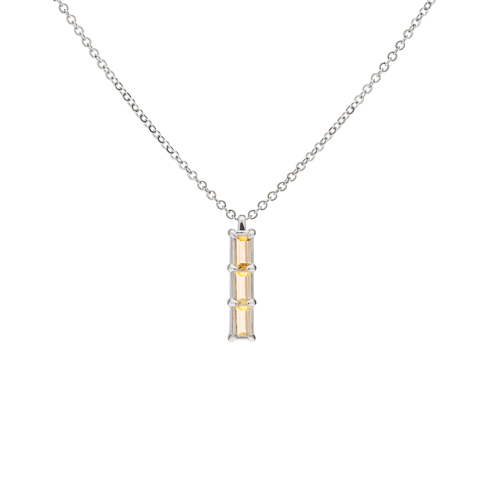 Providence Citrine vertical bar pendant featuring 3 petite baguette stones set in 14k white gold