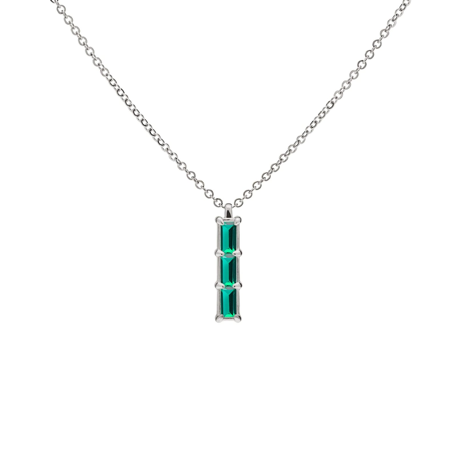 Providence Emerald vertical bar pendant featuring 3 petite baguette stones set in 14k white gold