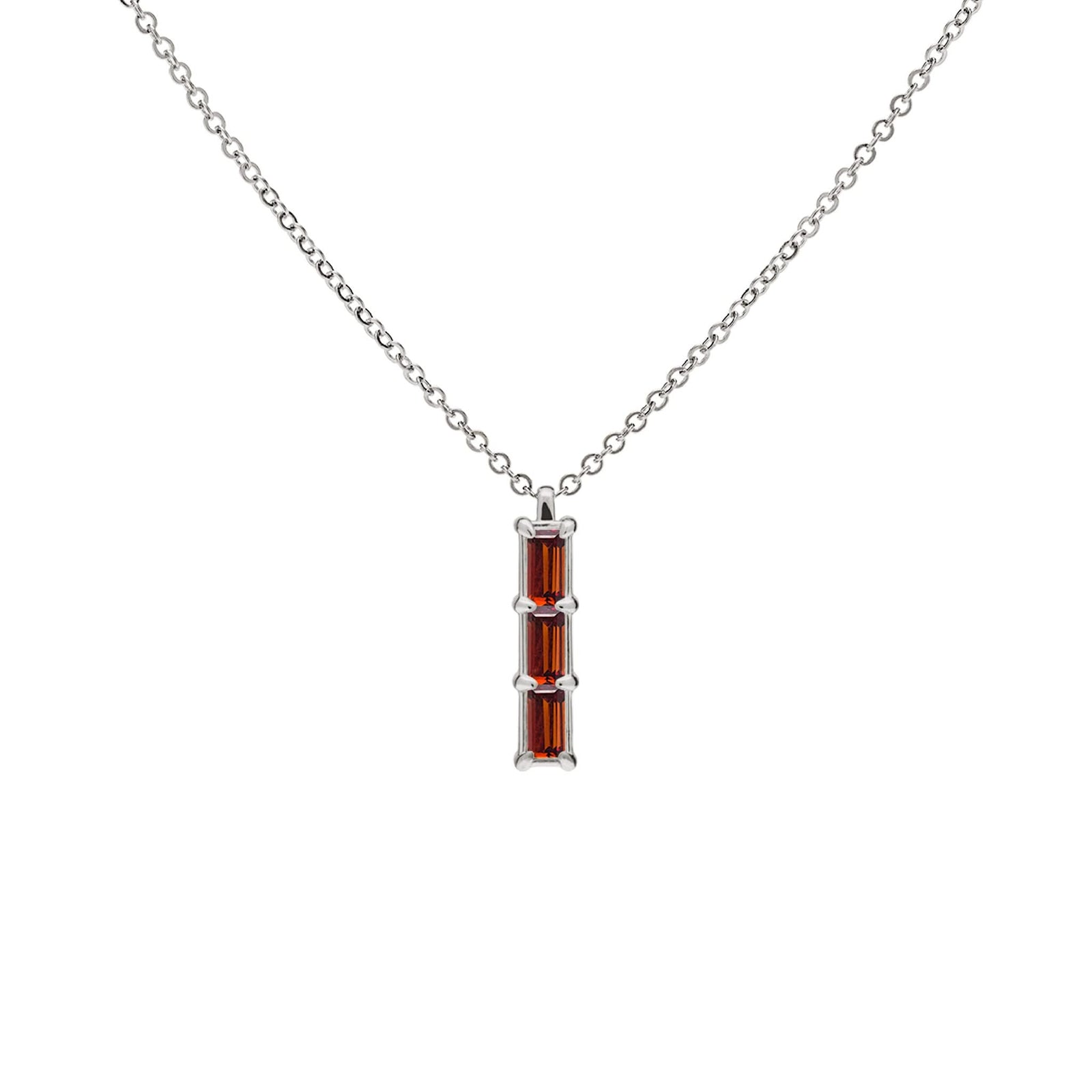 Providence 3 Garnet pendant and stud earrings set with petite baguette stones set in 14k white gold