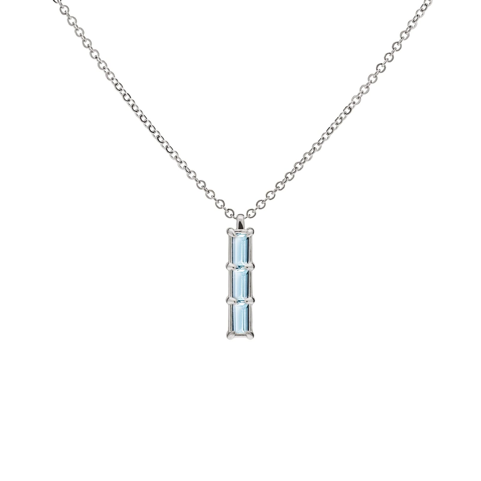 Providence Nantucket Blue Topaz vertical bar pendant featuring 3 petite baguette stones set in 14k white gold
