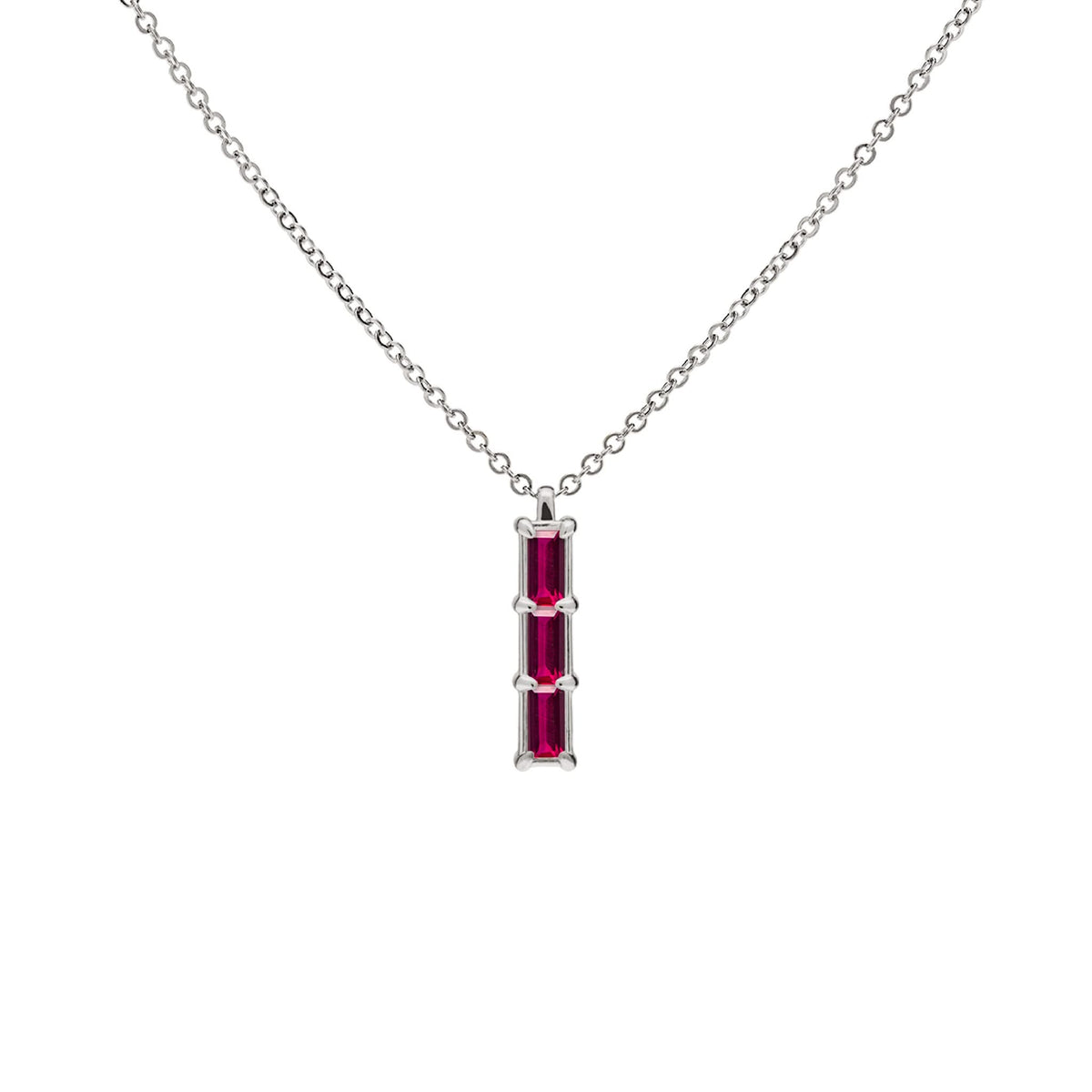 Providence Ruby vertical bar pendant featuring 3 petite baguette stones set in 14k white gold