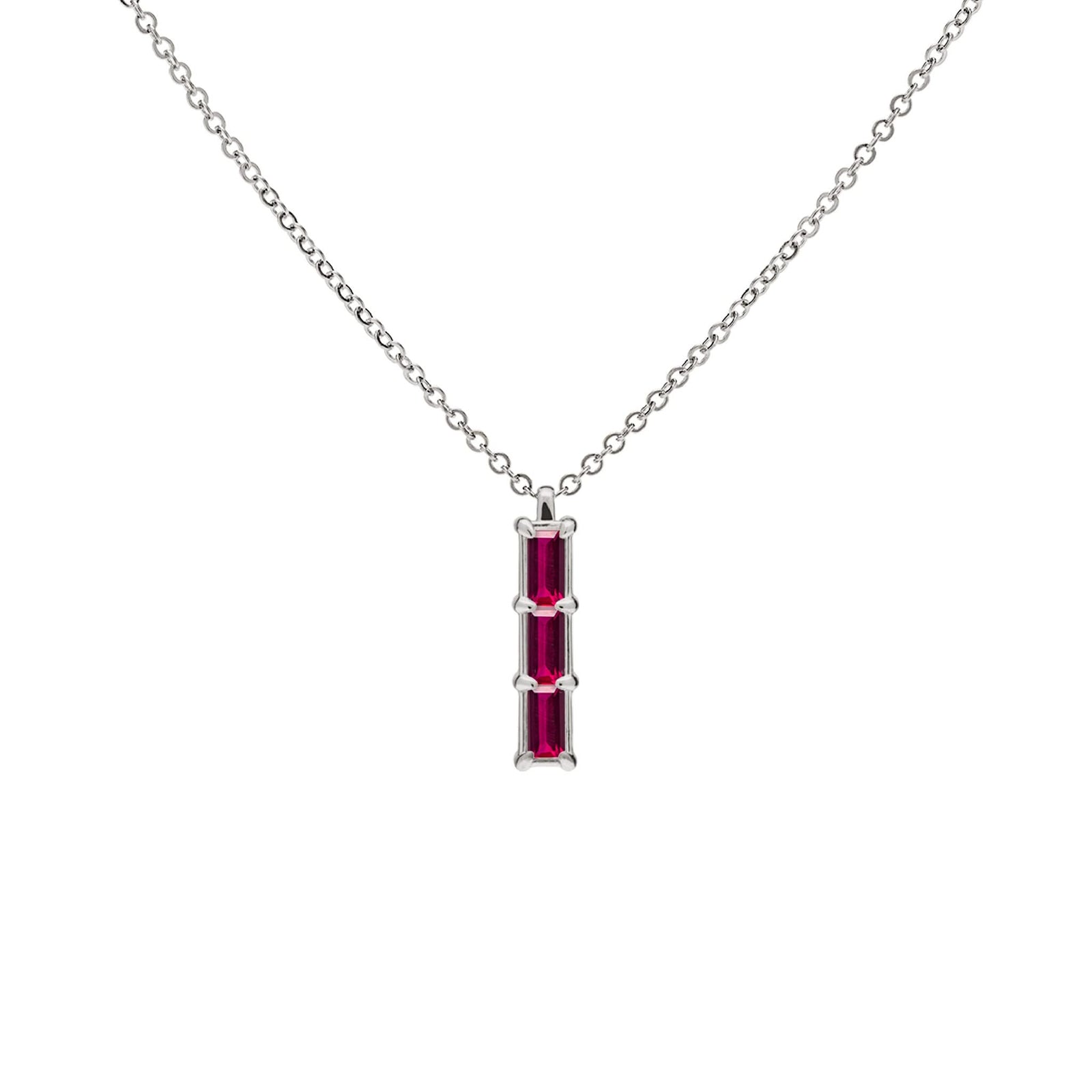 Providence Ruby vertical bar pendant featuring 3 petite baguette stones set in 14k white gold