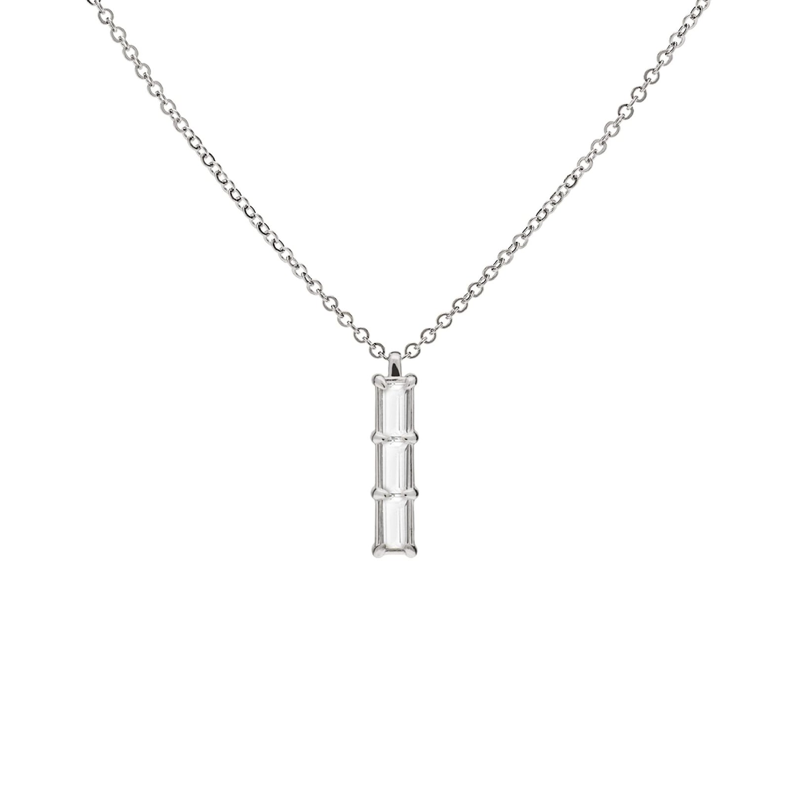 Providence White Topaz vertical bar pendant featuring 3 petite baguette stones set in 14k white gold