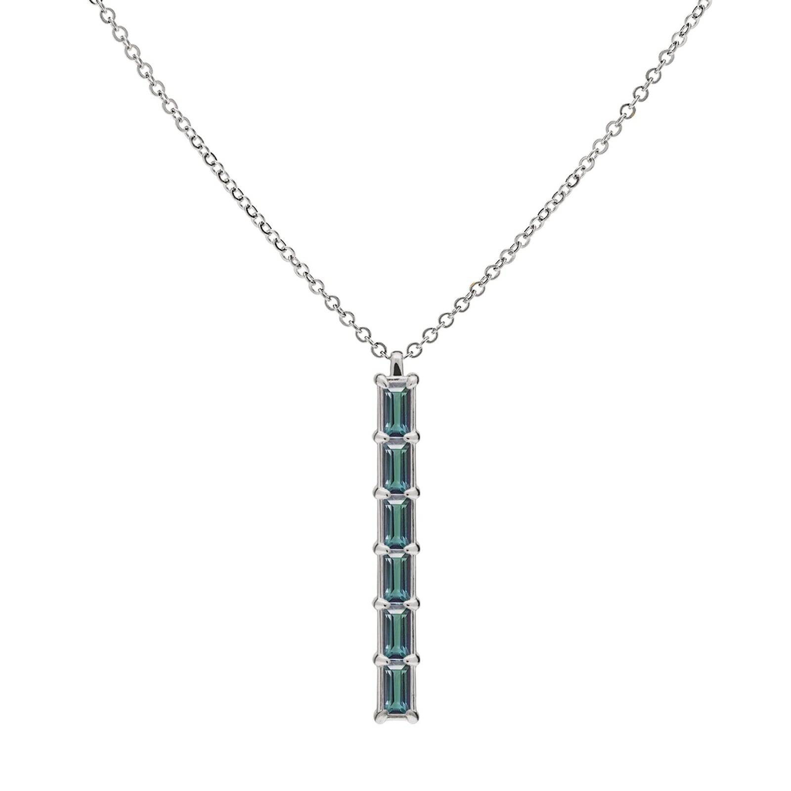 Providence vertical bar pendant featuring 6 petite Alexandrite baguette stones set in 14k white gold