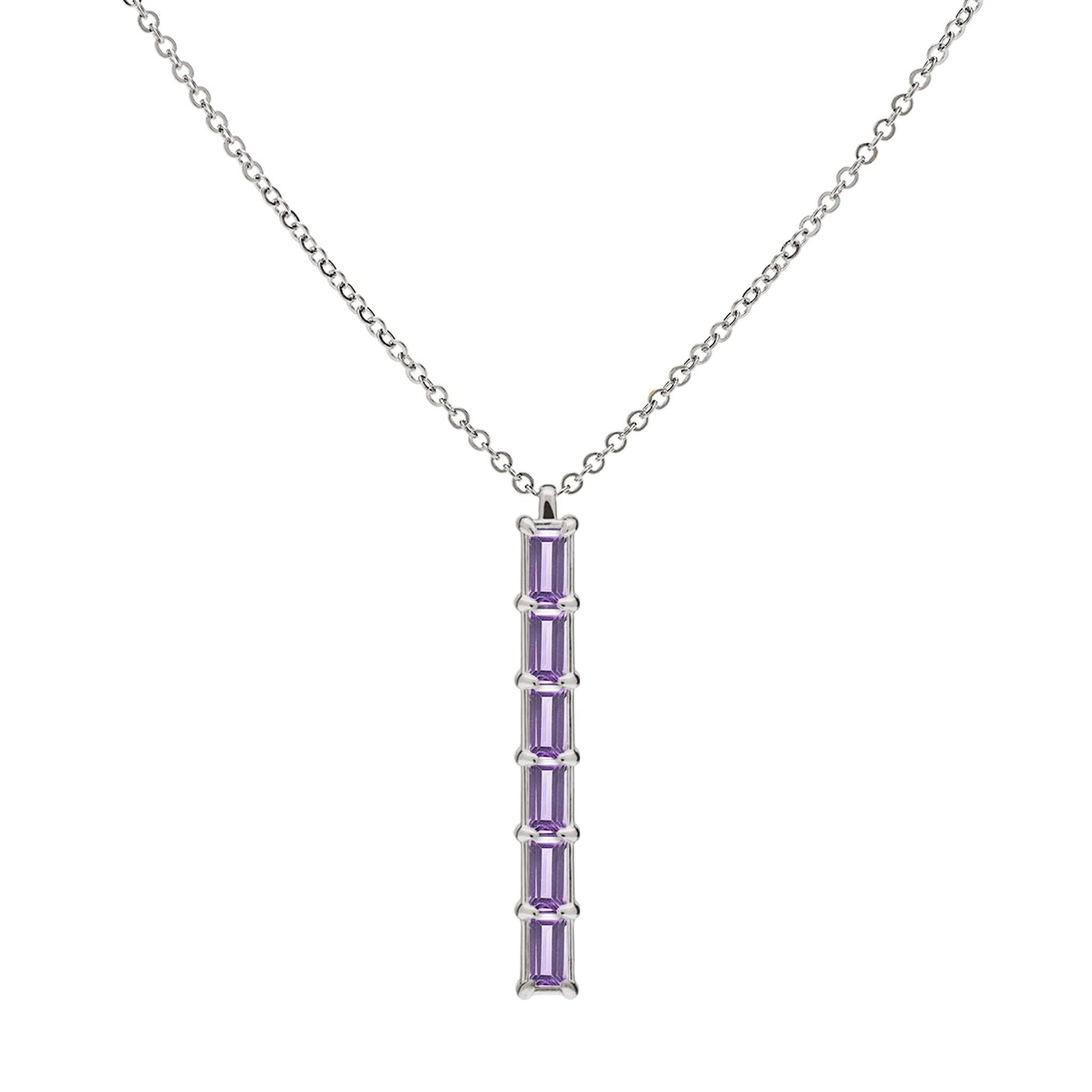 Providence vertical bar pendant featuring 6 petite Amethyst baguette stones set in 14k white gold