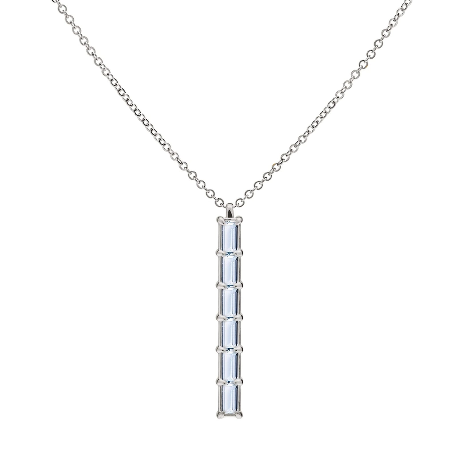 Providence vertical bar pendant featuring 6 petite Aquamarine baguette stones set in 14k white gold
