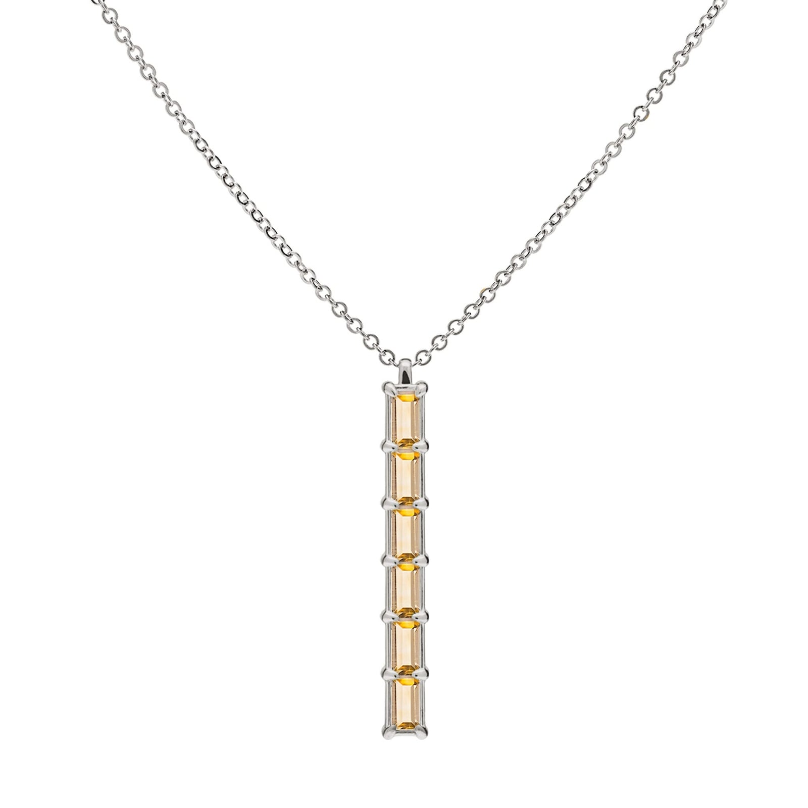 Providence vertical bar pendant featuring 6 petite Citrine baguette stones set in 14k white gold
