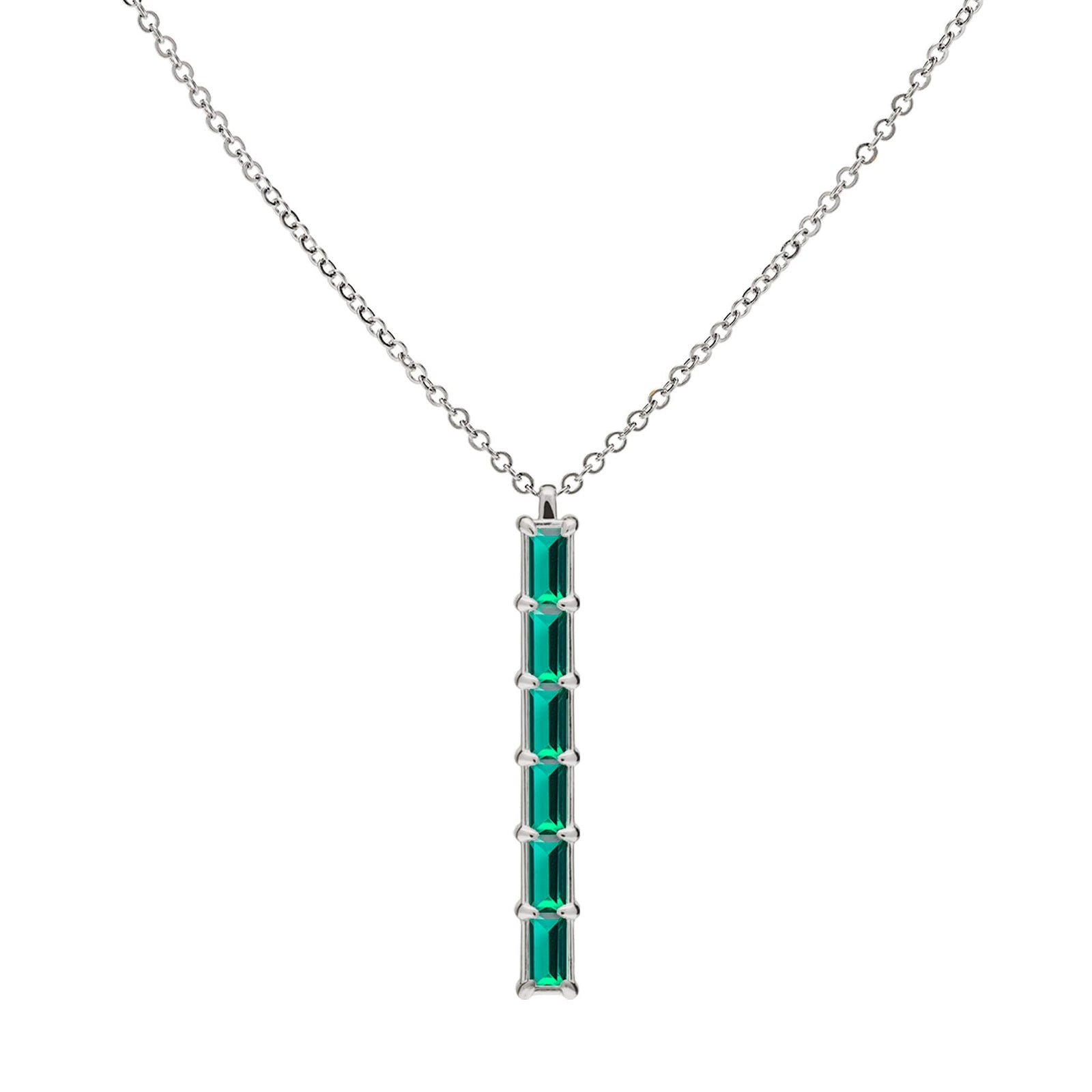 Providence vertical bar pendant featuring 6 petite Emerald baguette stones set in 14k white gold