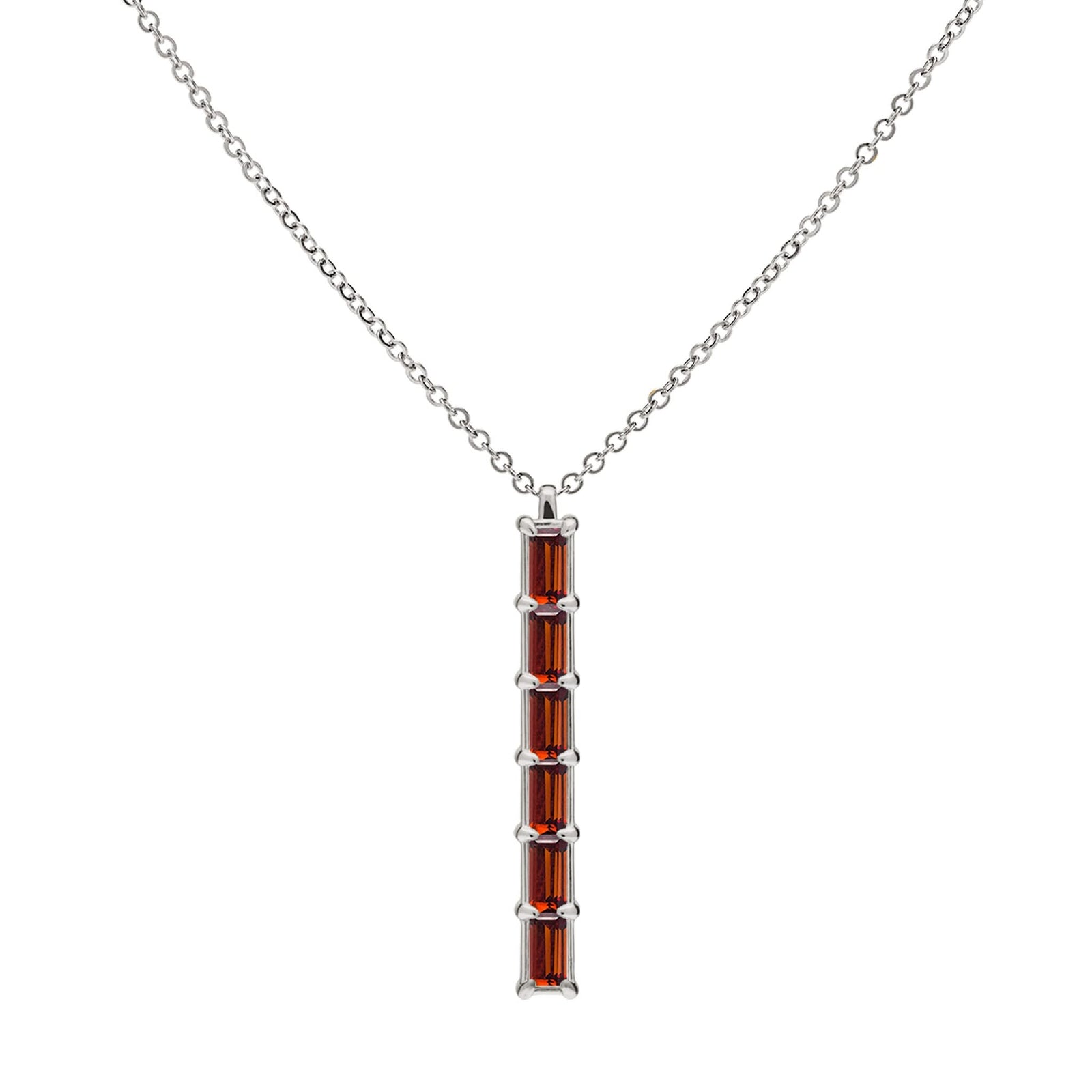 Providence vertical bar pendant featuring 6 petite Garnet baguette stones set in 14k white gold
