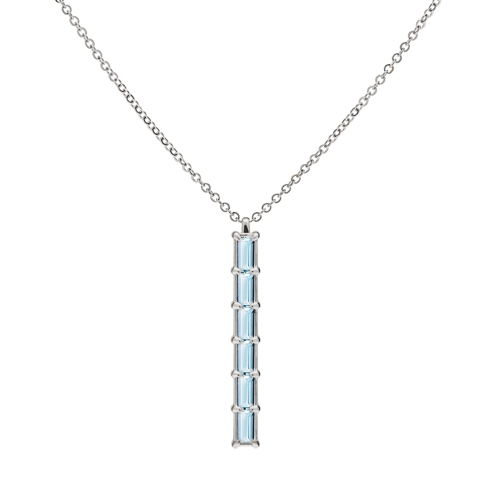 Providence vertical bar pendant featuring 6 petite Nantucket Blue Topaz baguette stones set in 14k white gold