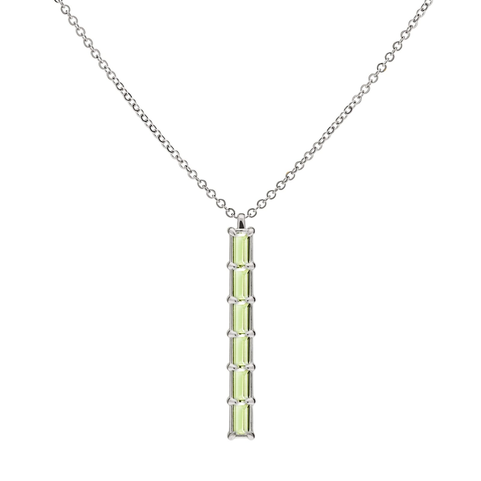 Providence vertical bar pendant featuring 6 petite Peridot baguette stones set in 14k white gold