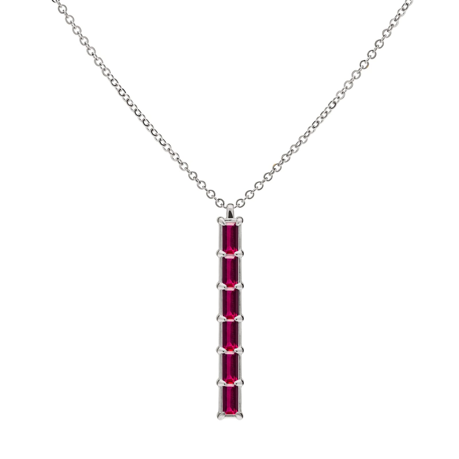 Providence vertical bar pendant featuring 6 petite Ruby baguette stones set in 14k white gold
