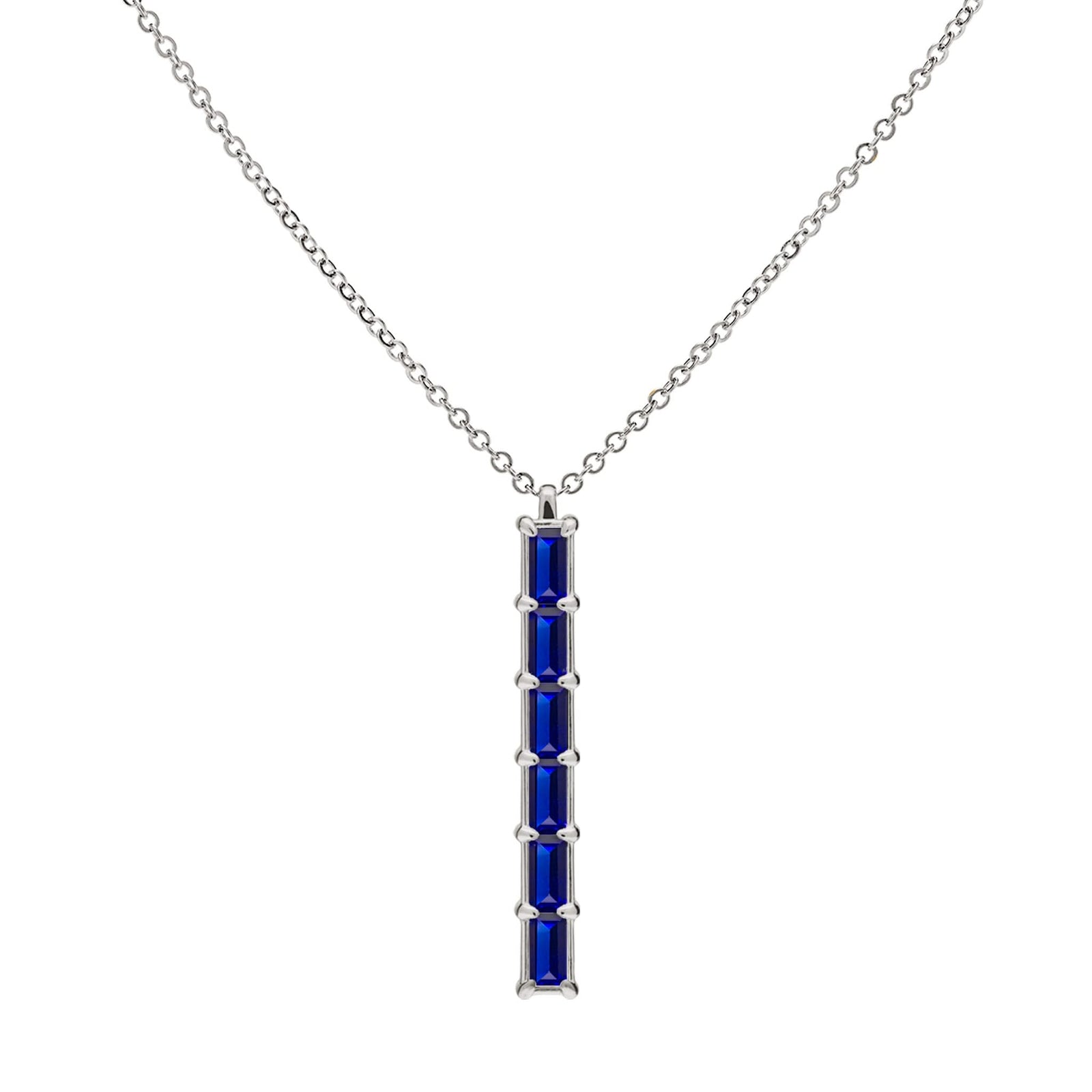 Providence vertical bar pendant featuring 6 petite Sapphire baguette stones set in 14k white gold