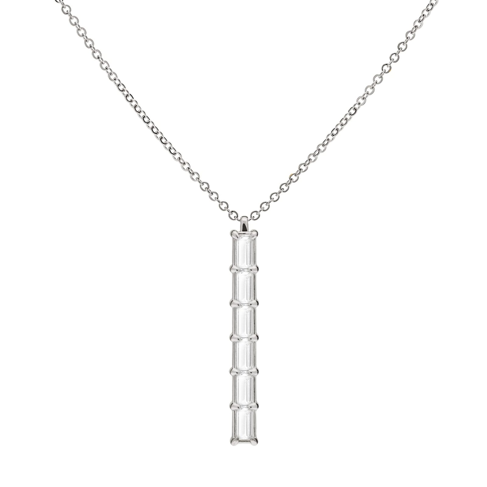 Providence vertical bar pendant featuring 6 petite White Topaz baguette stones set in 14k white gold