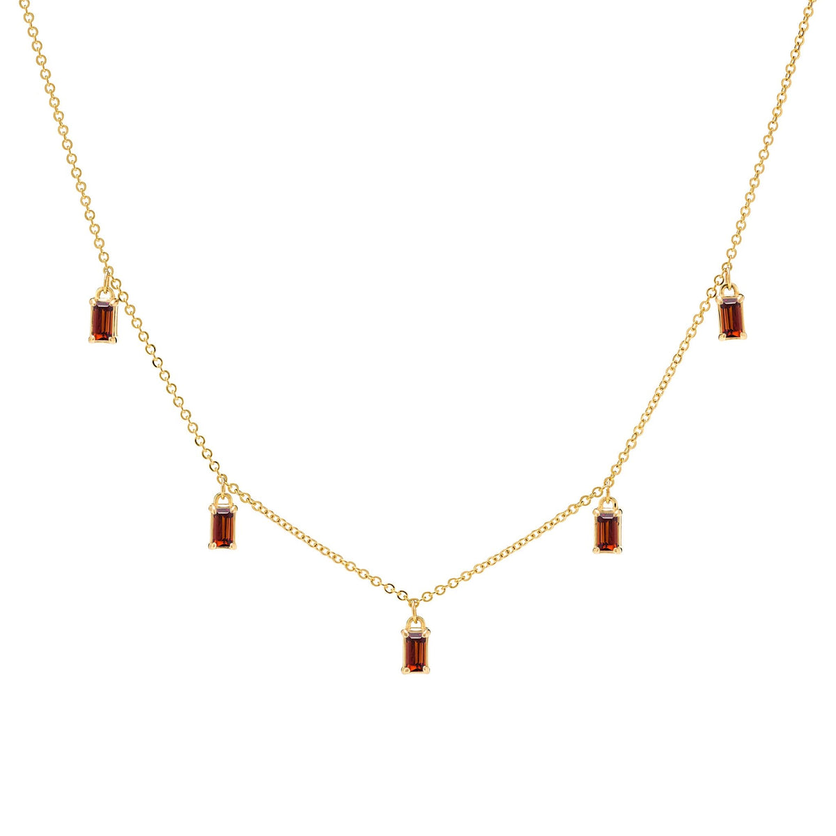 Providence 5 Garnet drop necklace with petite baguette cut stones set in 14k yellow gold - front view