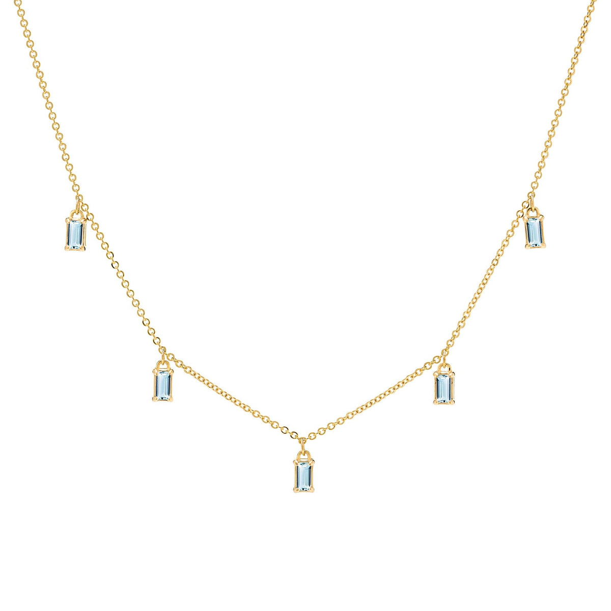 Providence 5 Nantucket Blue Topaz drop necklace with petite baguette cut stones set in 14k yellow gold - front view
