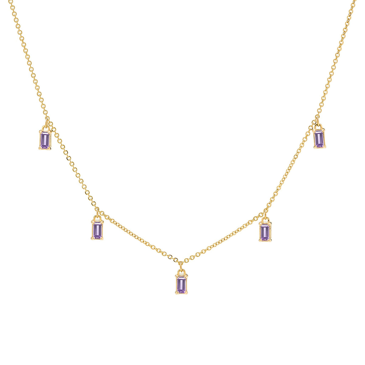 Providence 5 Amethyst drop necklace with petite baguette cut stones set in 14k yellow gold - front view