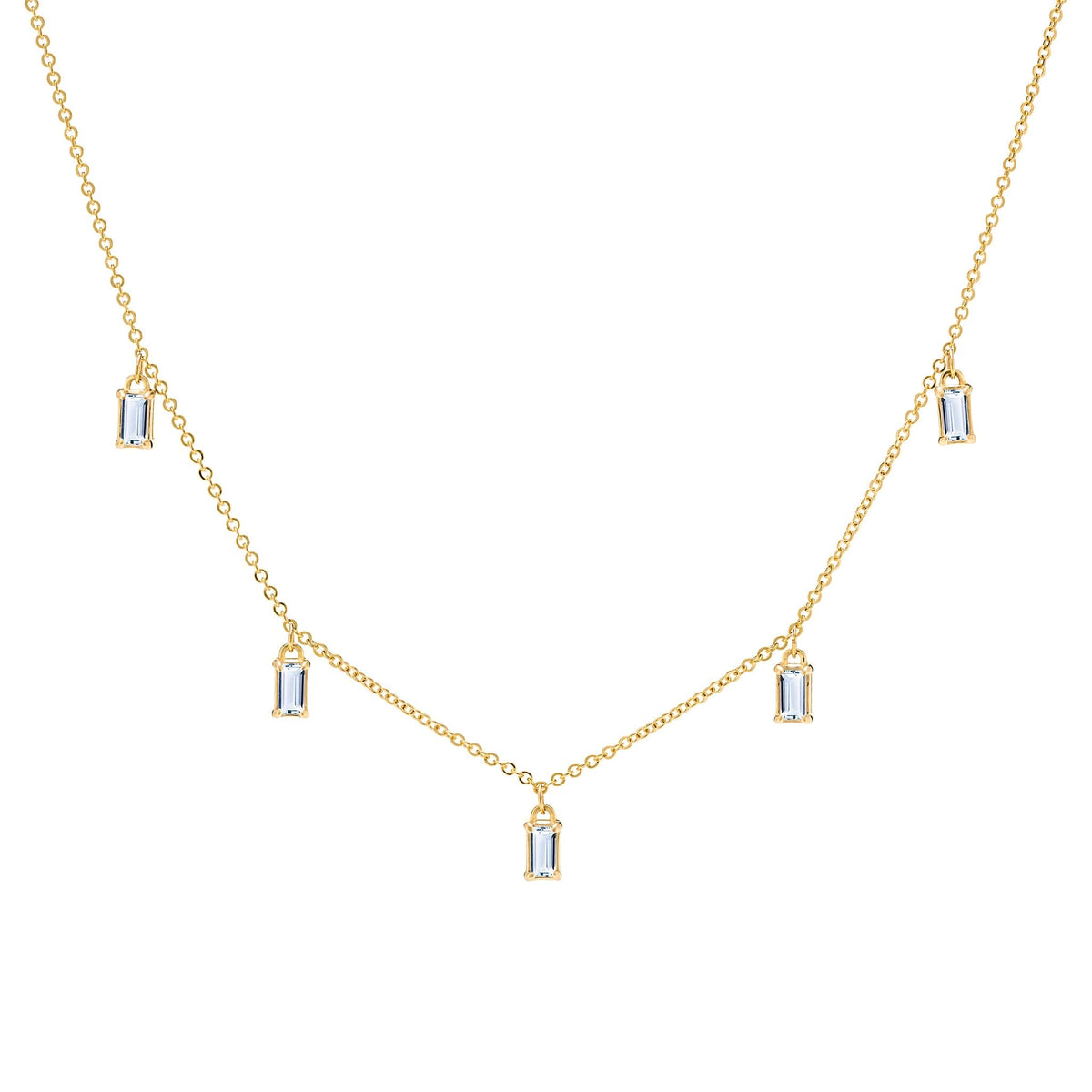 Providence 5 Aquamarine drop necklace with petite baguette cut stones set in 14k yellow gold - front view