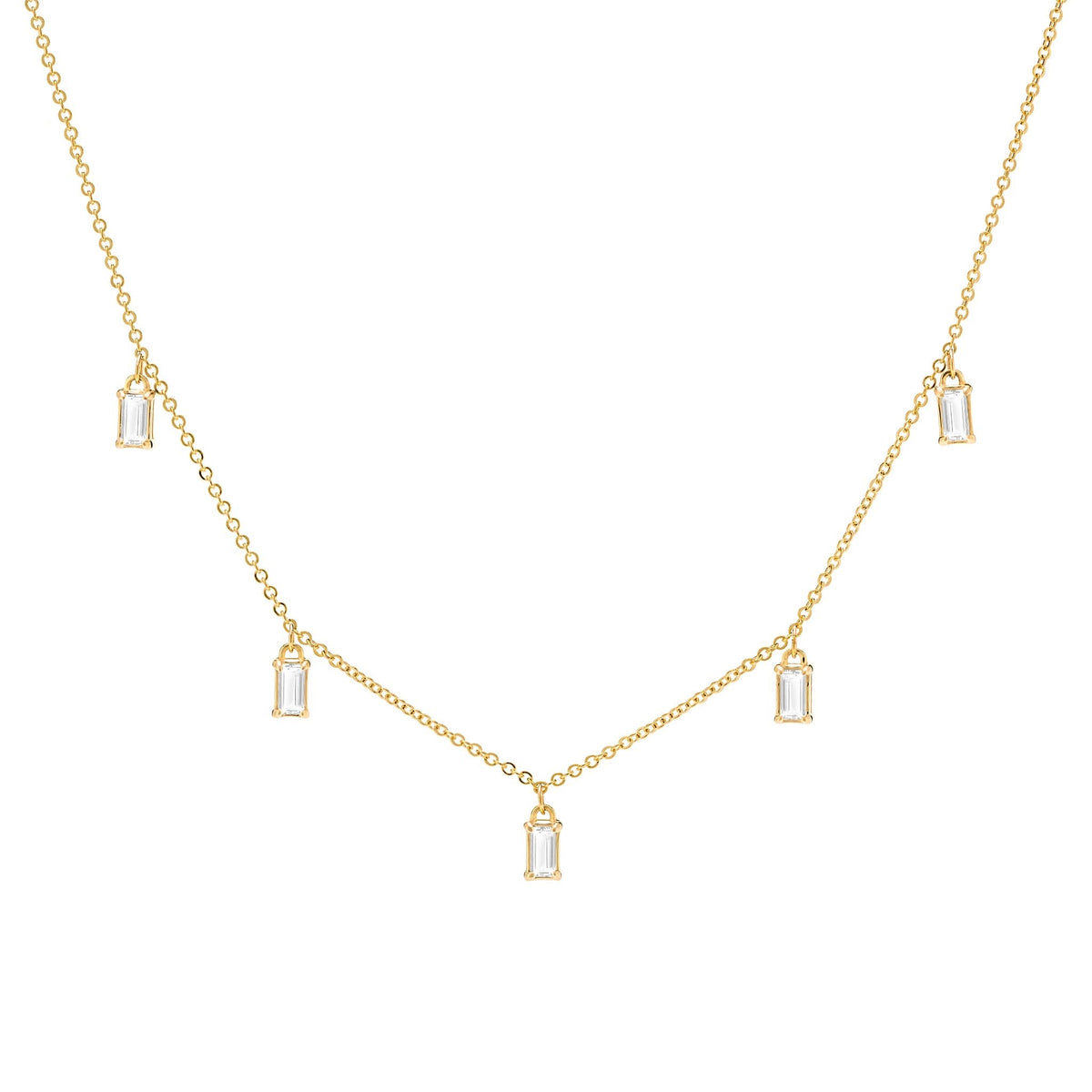 Providence 5 White Topaz drop necklace with petite baguette cut stones set in 14k yellow gold - front view