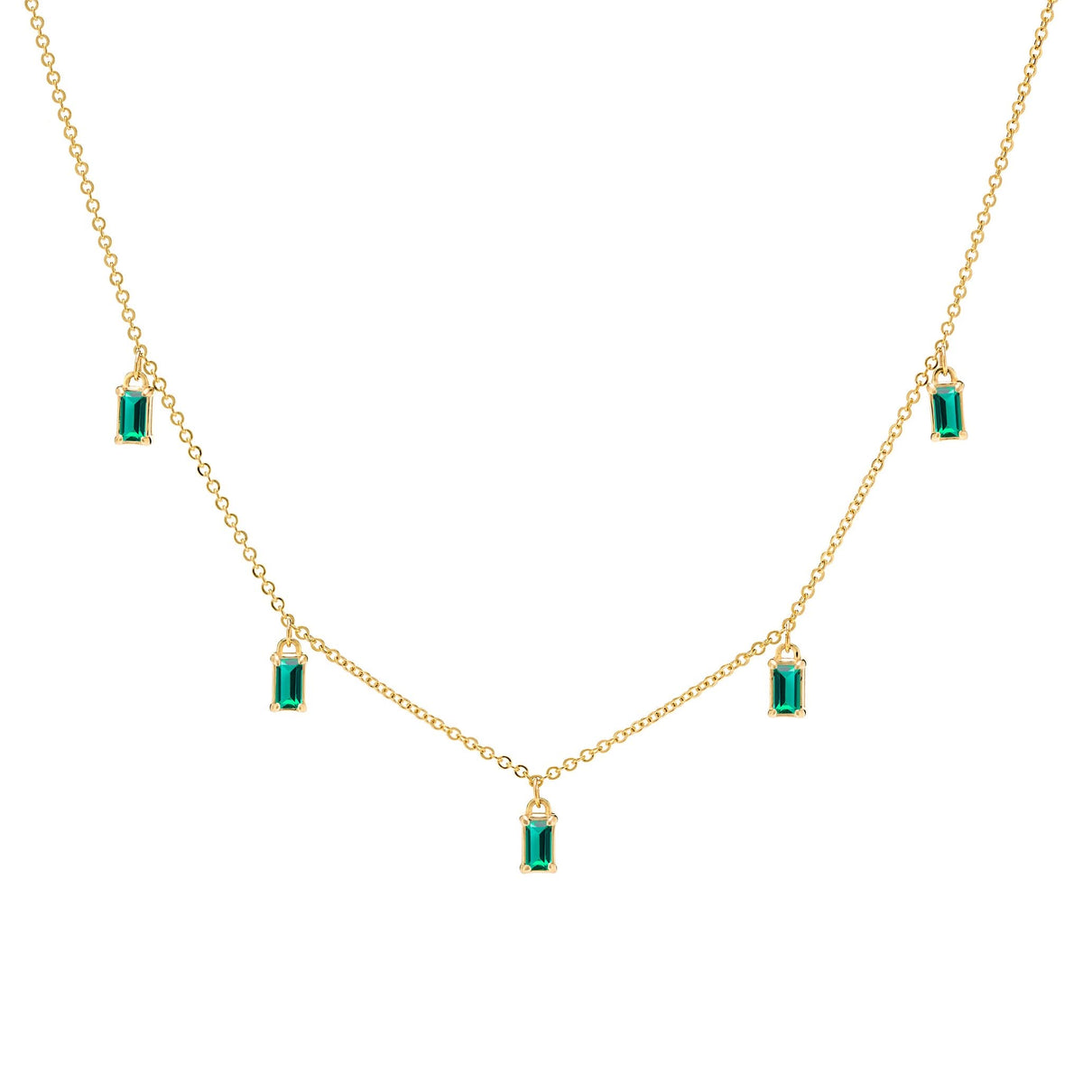 Providence 5 Emerald drop necklace with petite baguette cut stones set in 14k yellow gold - front view