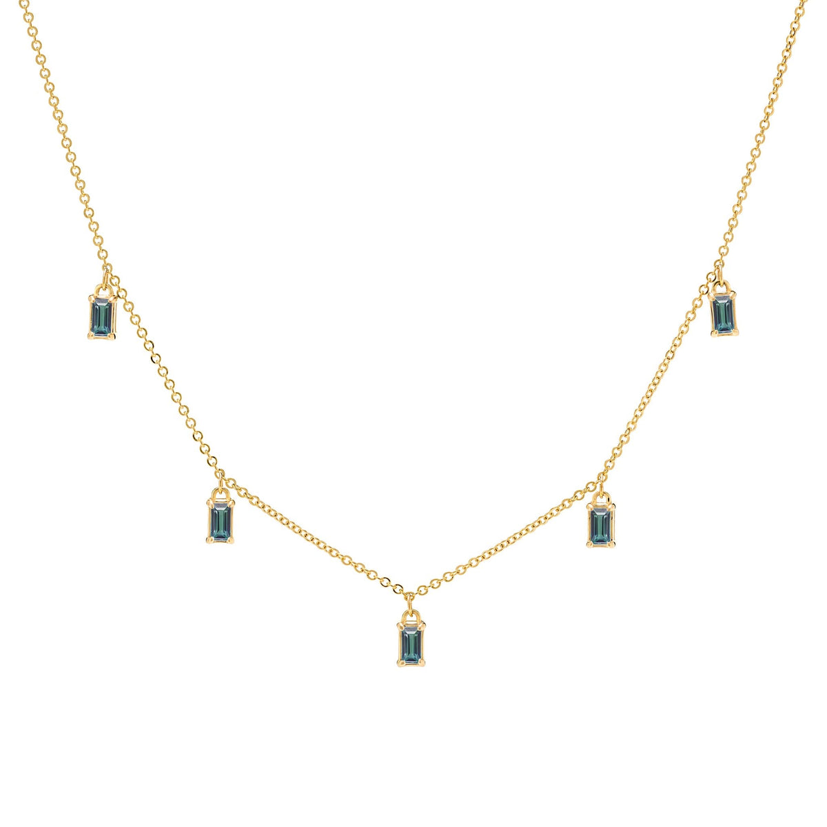 Providence 5 Alexandrite drop necklace with petite baguette cut stones set in 14k yellow gold - front view