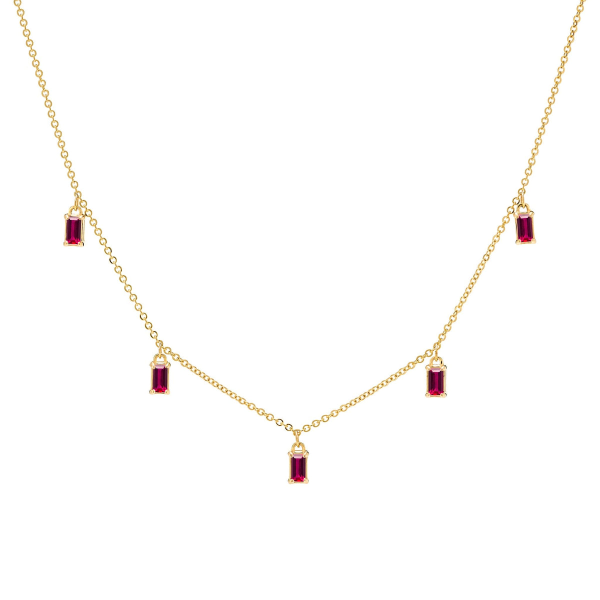 Providence 5 Ruby drop necklace with petite baguette cut stones set in 14k yellow gold - front view