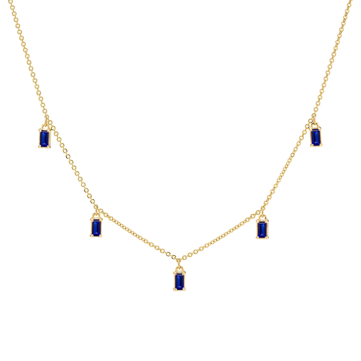 Providence 5 Sapphire drop necklace with petite baguette cut stones set in 14k yellow gold - front view