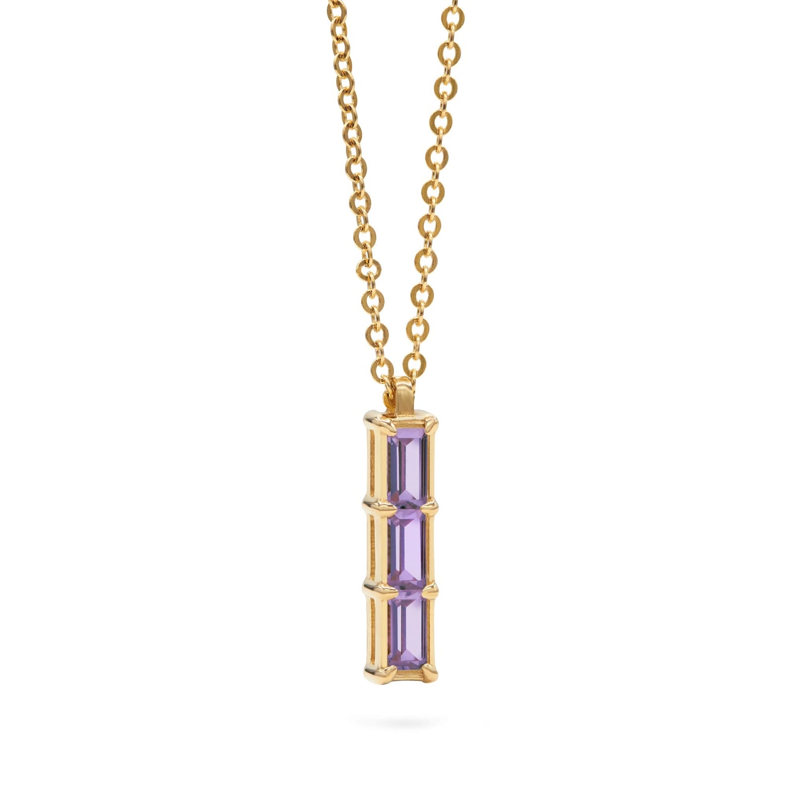 Providence Amethyst vertical bar pendant featuring 3 petite baguette stones set in 14k yellow gold - angled view