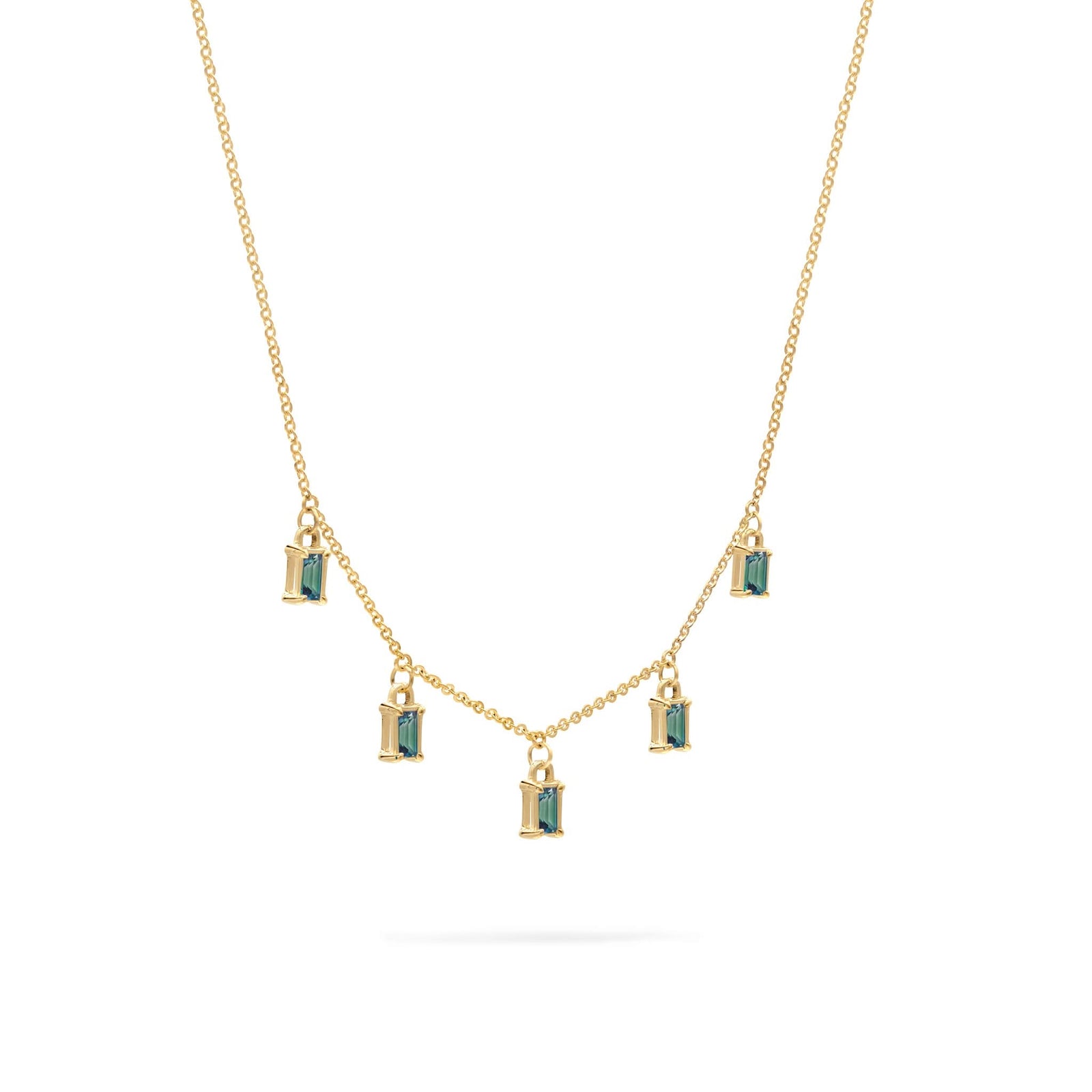 Providence 5 Alexandrite drop necklace with petite baguette cut stones set in 14k yellow gold - angled view