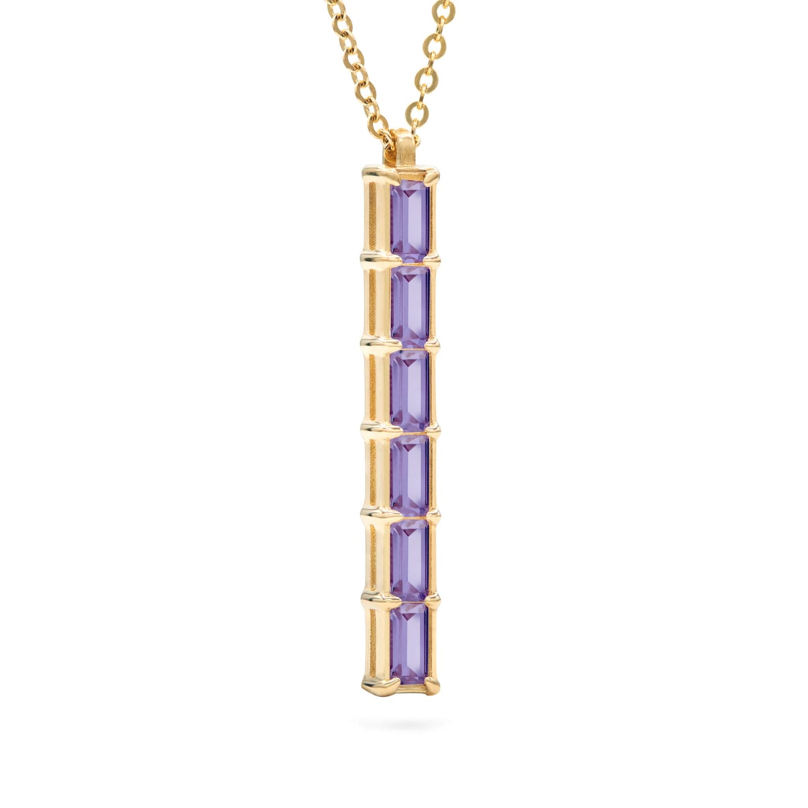 Providence vertical bar pendant featuring 6 petite Amethyst baguette stones set in 14k yellow gold - angled view