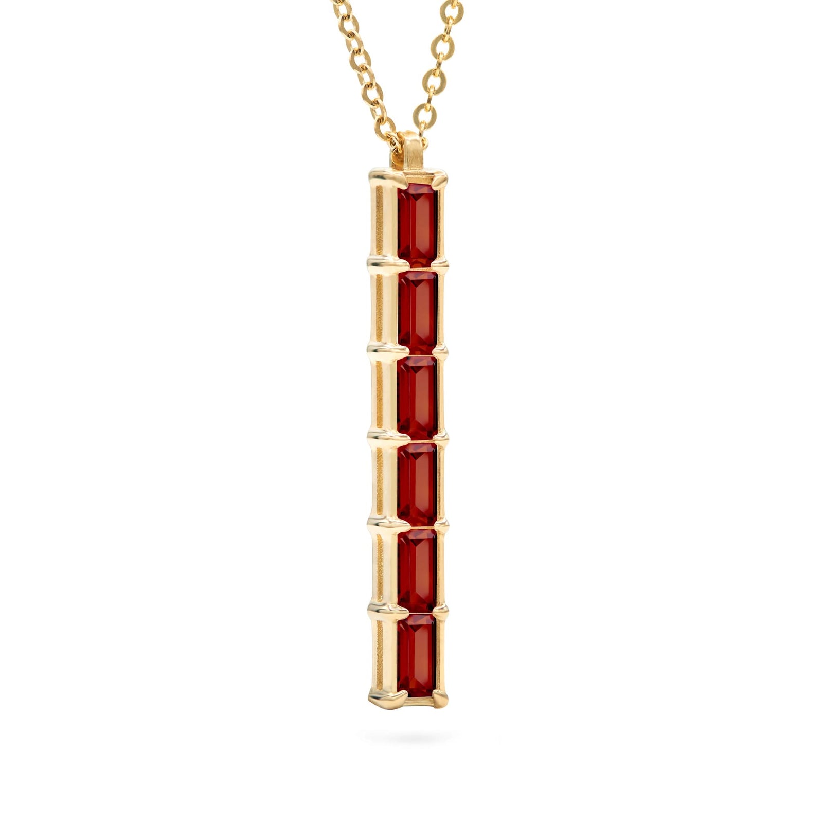 Providence vertical bar pendant featuring 6 petite Garnet baguette stones set in 14k yellow gold - angled view