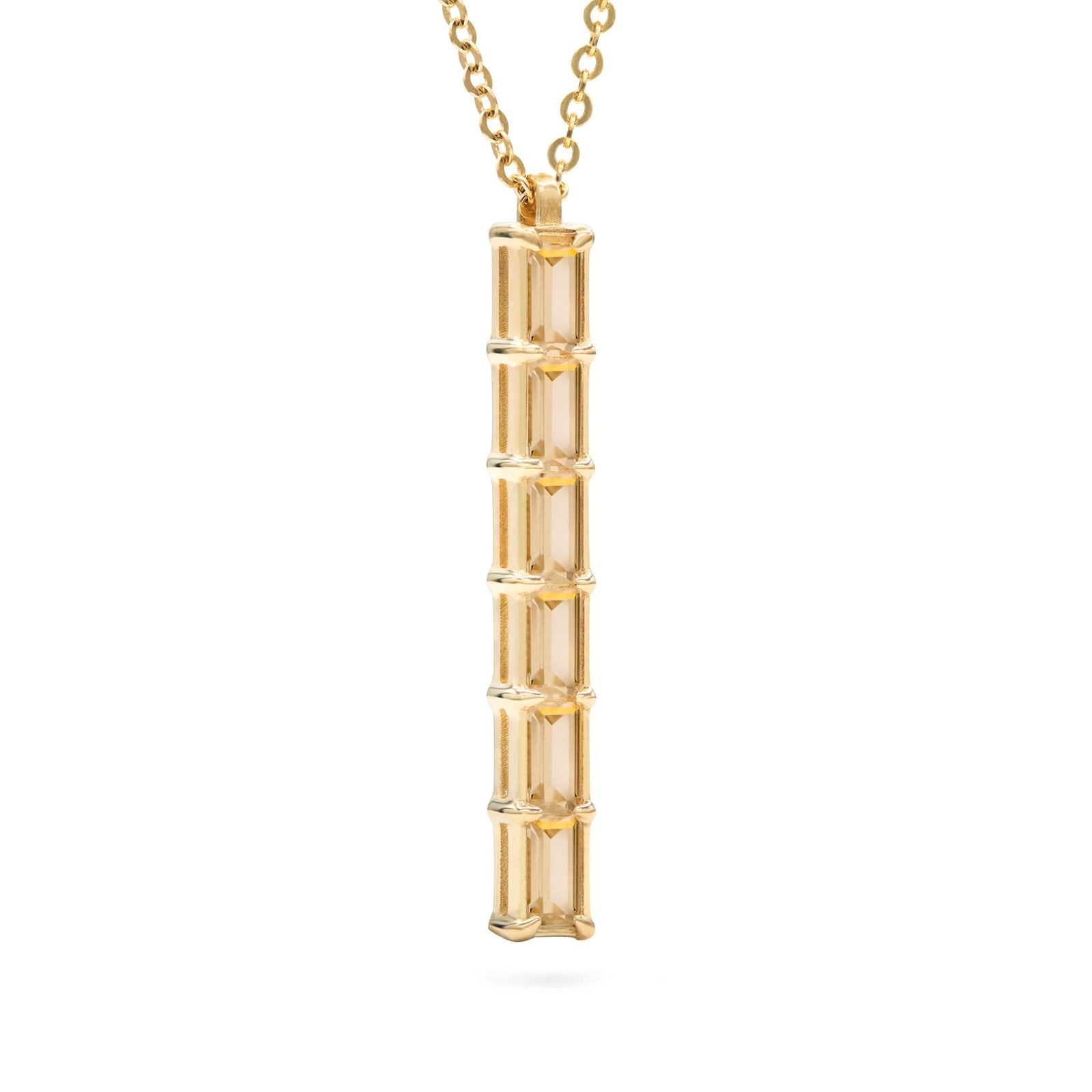 Providence vertical bar pendant featuring 6 petite Citrine baguette stones set in 14k yellow gold - angled view